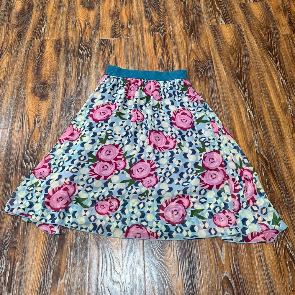 LuLaRoe Women Size S Floral Teal Rose Print A-Line Skirt Teal Elastic Waist
